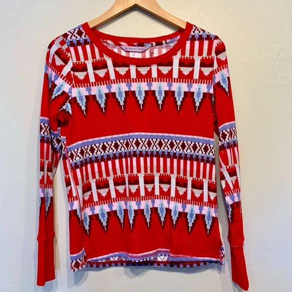 VS | NWT Fair Isle Waffle Knit Tribal Aztec Long Sleeve Holiday Thermal Shirt - Picture 3 of 7